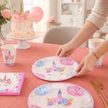 Blumen Gold Einhorn Partygeschirr, Pappteller, Pappbecher, Papierservietten, Einweggeschirr für Geburtstagsfeier, Jubiläum, Familienfest, Buffet, Feier und Dekoration - B - Übersicht 3
