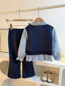 Girls' Early Autumn Sweet Cute Preppy Style 2 Pieces Set, Shirt Collar Patchwork Vest Polo Shirt + Navy Blue Wide Leg Pants, Fashionable Spring/Autumn Outfit Suitable For Daily, Outdoor, School, Commute, Vacation, Party / Comfortable Versatile 2 Pieces Set For School - Royal Blue - View 3