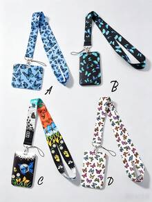 1 Set Butterfly Flower Pattern Fashion Personalized Pull-Tab Card Holder, Butterfly Flower Print Keychain Pendant Bag Charm, Student ID/Transit Card Protector, Suitable For Office Workers And Students - Rectangle - View 8