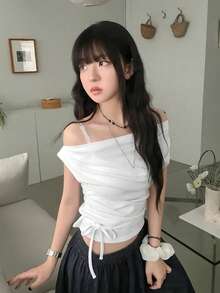 Kaos Lengan Pendek Kasual Putih dengan Ikat Pinggang dan Detail Kerut untuk Musim Panas - Putih - View 4