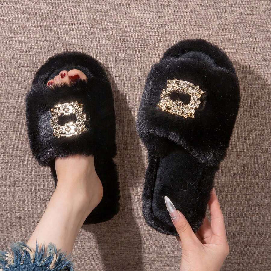 Autumn/Winter Solid Color Plush Slip-On Women's Button Decor House Slippers, Runs One Size Smaller Than Standard - Black - View 1