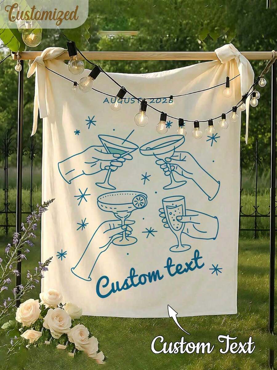 Customized Text Tapestry, Personalized Phrase And Date Print, Bright Blue Style, Suitable For Outdoor And Party Decoration, Also A Great Gift For Celebrations - Multicolor - View 1