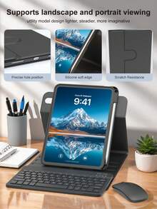 無線鍵盤與滑鼠套組，相容 iPad A16 第 11 代/第 10 代、第 9 代/第 8 代/第 7 代 10.2 吋、Air 10.9 吋/11 吋、Pro 11 吋，PU 皮革平板配件，可拆卸無線鍵盤（150mAh 電池）及附筆槽保護殼 - 黑色 - 查看 6