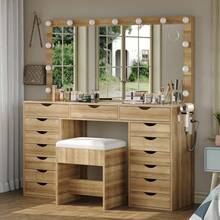 FUSOU 15 Drawers Dressing Table With Power Outlet, Makeup Vanity With  Mirror And 13 LED Lights, 3 Color Modes, Adjustable Brightness, Glass Top Vanity For Dressing Room Bedroom - Natural Color - View 4