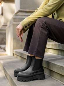 Women's Solid Color Pointed Toe Zipper Fashion Mid-Calf Boots With Buckle - Black - View 1