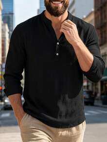 Men's Stand Collar Henley Long Sleeve Pure Black Linen Casual Beach Loose Lightweight Breathable Vacation Pullover - Black - View 2