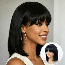 Women's Brazilian Remy Human Hair Wig - Glueless Short Bob With Bangs, 150% Density Natural Black, 100% Straight Human Hair Wig, Layered Bangs And Rose Mesh Cap, No Glue Needed, Easy To Style, Suitable For Daily Wear, Parties And Holidays - Natural Black - View 2