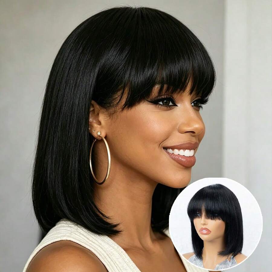 Women's Brazilian Remy Human Hair Wig - Glueless Short Bob With Bangs, 150% Density Natural Black, 100% Straight Human Hair Wig, Layered Bangs And Rose Mesh Cap, No Glue Needed, Easy To Style, Suitable For Daily Wear, Parties And Holidays