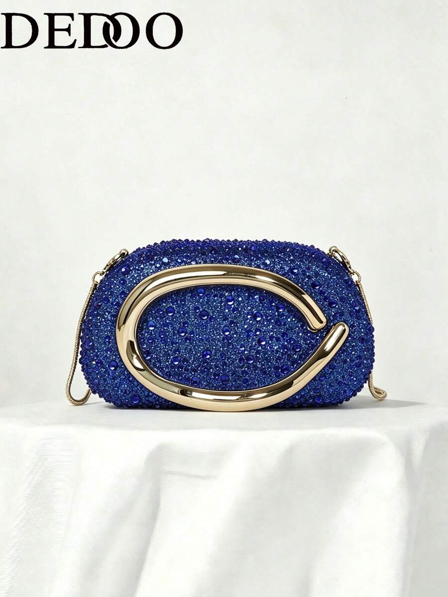 Women's Rhinestone Rounded Rectangular Evening Clutch, Front Curved Oval Handle Handbag, Fashion Crossbody Bag, Suitable For Wedding, Ball, Valentine's Day Party - Blue - View 1