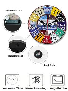 Vintage Style License Plate Design Wooden Wall Clock, Silent Quartz Movement, Battery Operated, Home Decoration - A - 查看 5