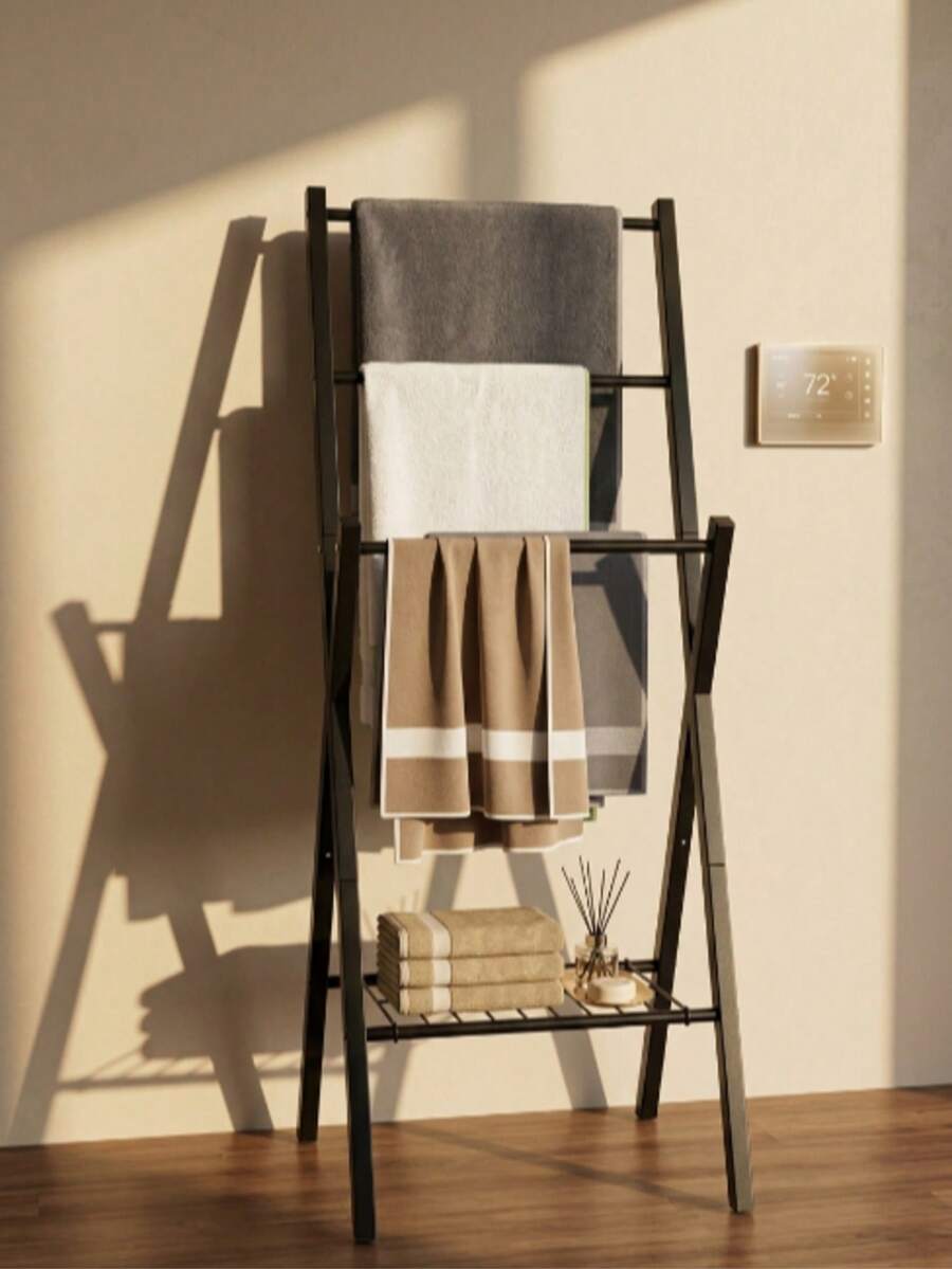 1PC Heavy Duty Freestanding Ladder Towel Rack Made Of Carbon Steel, Space Saving Multi Tier Blanket Display Stand, Waterproof Floor Storage Shelf For Bathroom, Balcony & Bedroom - Multicolor - View 1
