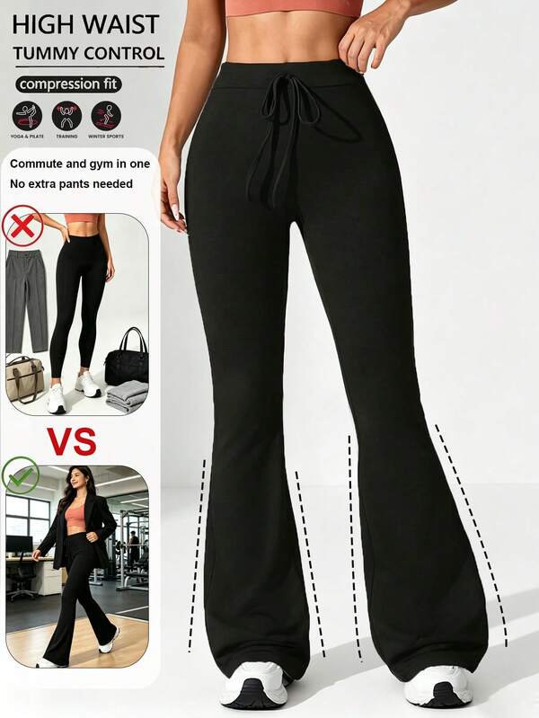 Pantalones de yoga acampanados de cintura alta para mujer, ajustados y elásticos con cintura con cordón, para fitness, uso casual en todas las estaciones, leggings tipo jogger