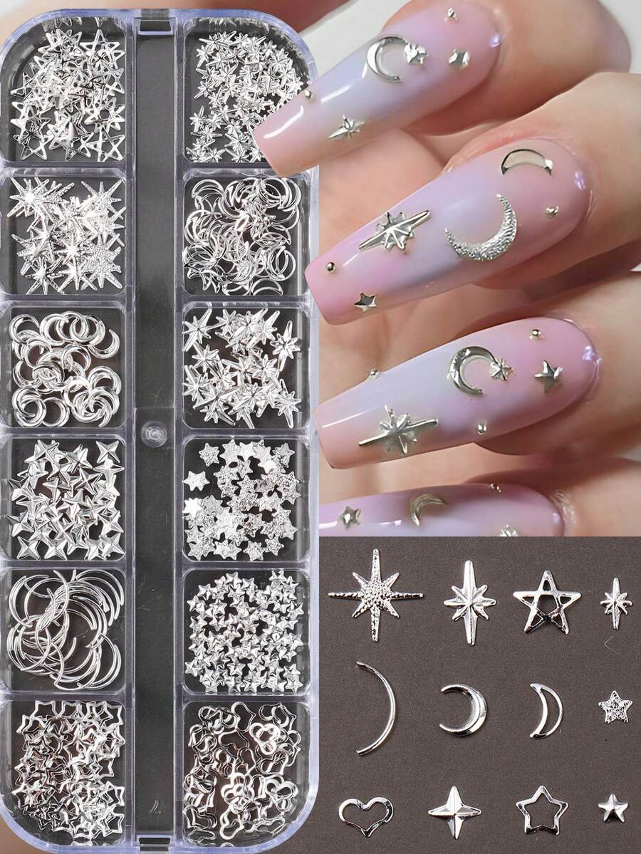 12格銀色金屬美甲飾品 星月心形鉚釘美甲裝飾 日式3D合金美甲釘珠 DIY美甲藝術裝飾 - 銀色 - 查看 1