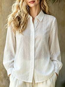 Women's Elegant Solid Embroidery Button Front Shirt, Sheer Collared Long Sleeve Top For Business, Office, Daily, Spring Summer Fall Winter White - White - View 8