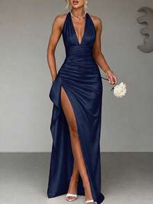 Elegant Sexy Satin Halter Neck Slit Hem Ruffle Waist Party Evening Dress, Wedding Bridesmaid Dress, Prom Dress - Dark Blue - View 7