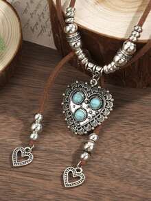 1pc Western Cowboy Style Distressed Heart Turquoise Pendant Necklace With Brown Cord And Silver Small Bead Decoration, Vintage Women's Neck Jewelry Suitable For Daily Wear And Travel Gatherings - Multicolor - View 3