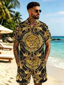 2pcs Casual Style Men's Summer Outfit, Unique Graphic Print Short Sleeve Polo Shirt And Shorts Set,Hawaiian - Multicolor - View 1