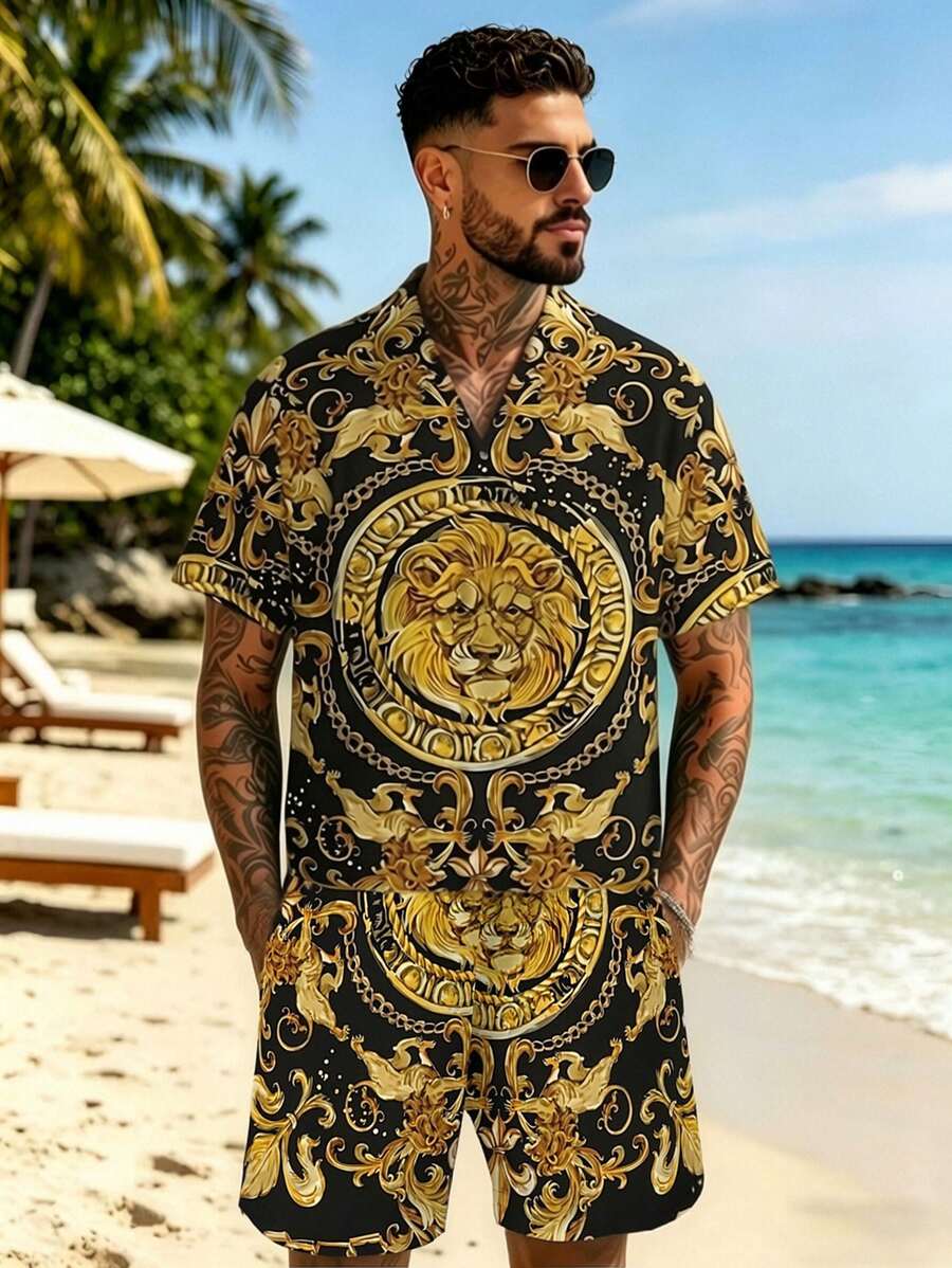 2pcs Casual Style Men's Summer Outfit, Unique Graphic Print Short Sleeve Polo Shirt And Shorts Set,Hawaiian - Multicolor - View 1
