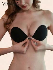 1pc Breathable Round Silicone Self-Adhesive Bra (Apricot) Upgraded Bio-Adhesive Skin-Friendly Medium Adhesion Washable - A-Black - View 1