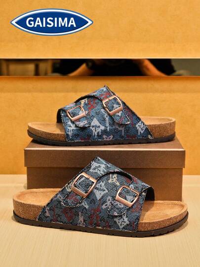 GAISIMA 1 Pair Men's Vintage Floral Print Double Strap Cork Sandals, Suitable For Summer Daily, Beach, Street Casual Flat Slippers