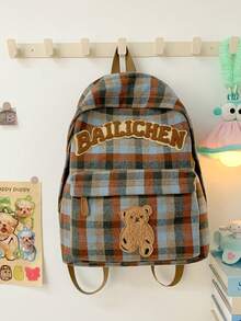 1pc Retro Rainbow Checkered Fabric Backpack, Multi Pocket Lightweight Casual Daypack With Adjustable Canvas Shoulder Straps - Multicolor - View 5