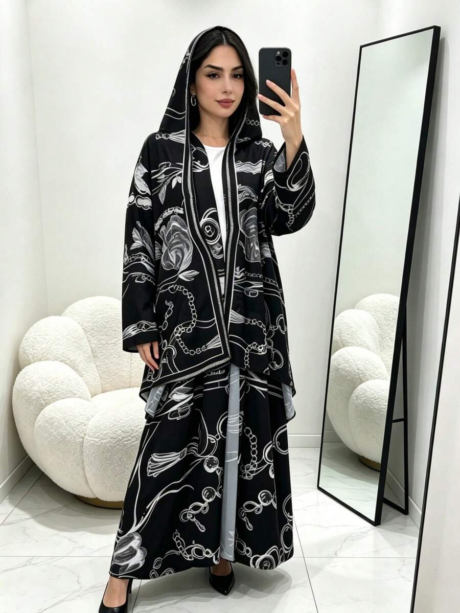 2 Pieces Set Floral Print Open Abaya With Matching Hijab, Modest Islamic Outfit For Women Daily Wear - Multicolor - View 1