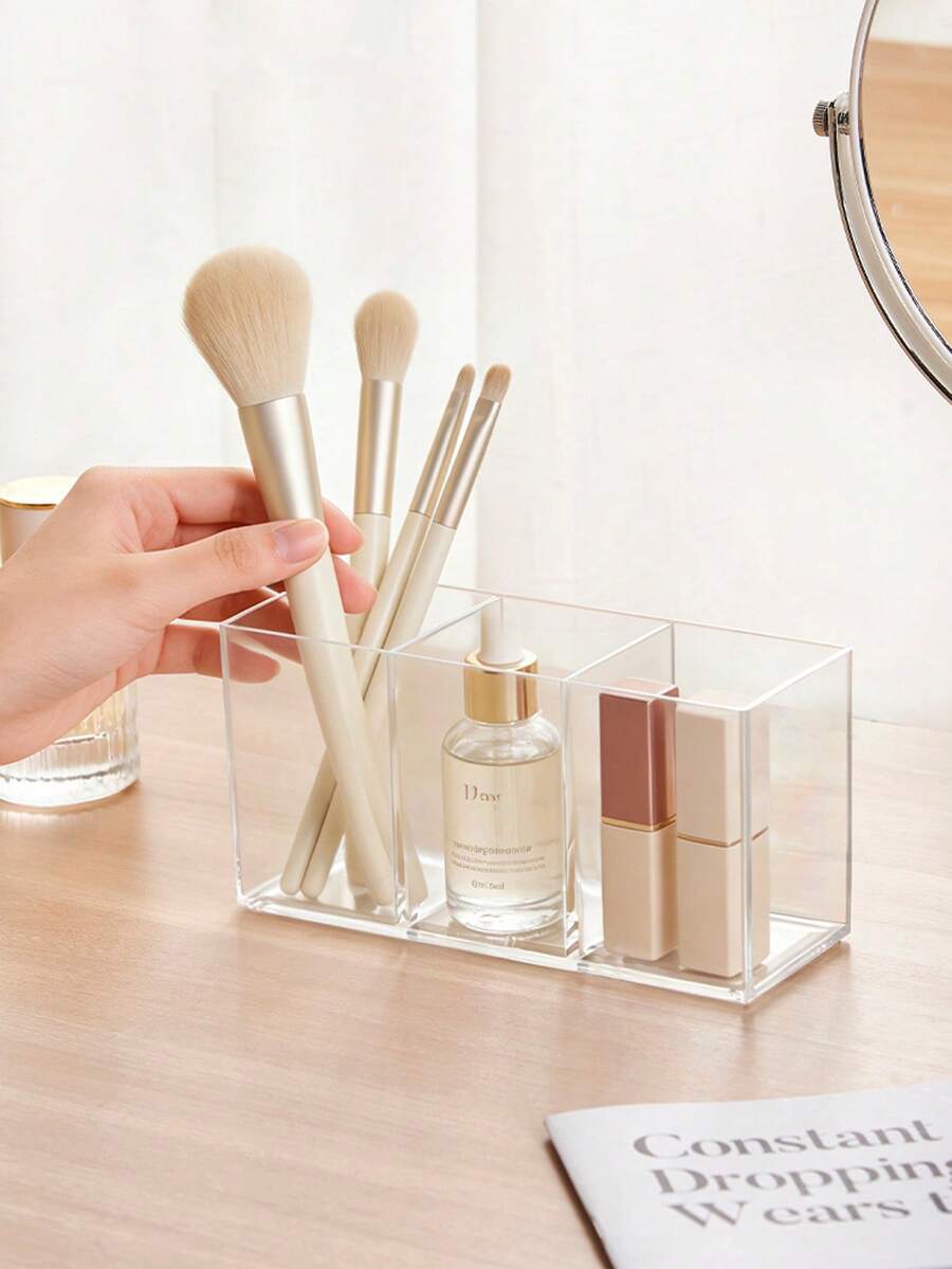1pc Makeup Brush Holder - Clear Cosmetic Makeup Brush Organizer And Storage For Bathroom Vanity, Perfect For Makeup Brushes, Eyeliner, Lipstick, Eyeshadow, And More - Lightweight And Easy To Use, Desktop Storage Box With Multi-Compartment - View 1