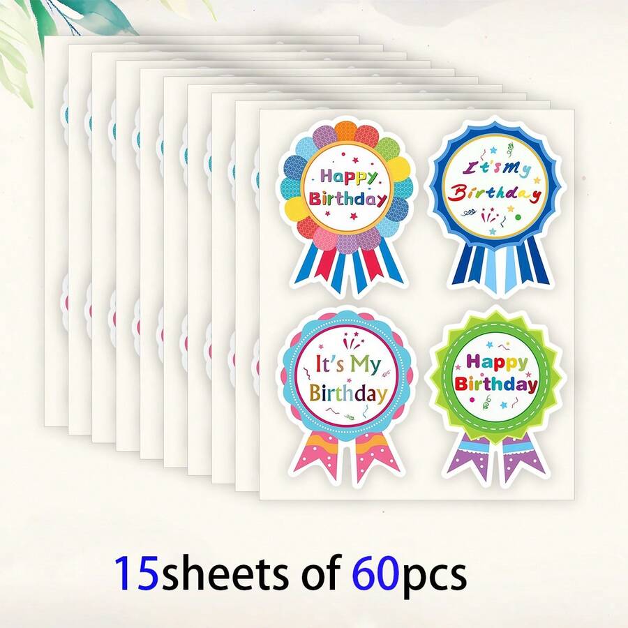 60pcs Happy Birthday Medal Stickers, Joyful Badge Shaped Gift Decoration Stickers, Holiday Celebration Party Favors, Gift Packaging Envelope Seal Stickers, Scrapbook Journal Diary Decoration, 2.4x3.1 Inches - Round - View 1