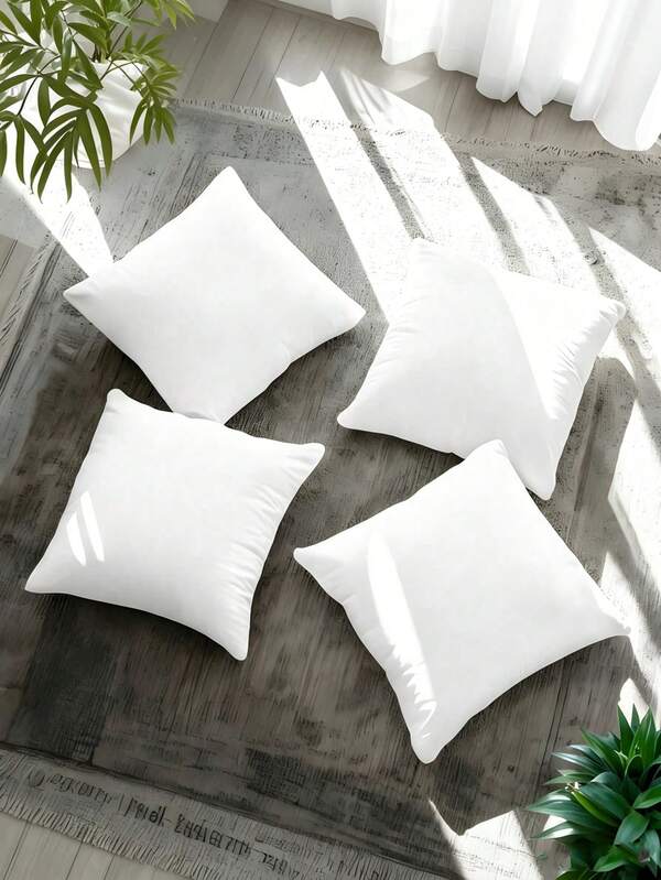 Set Of 4 White Square Throw Pillows (45x45cm), Decorative Sofa Cushions. Soft Polyester Fabric With Plush Texture, Perfect For Beds And Sofas To Enhance Comfort And Modern Style. Decorative Accent Pillows Feature Vacuum-Packed Inner Cores.