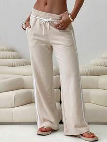 Vaiaye Women's High Waist Drawstring Striped Wide Leg Pants, Solid Khaki Color Loose Casual Long Pants, Comfortable And Soft, Suitable For Gym Fitness And Daily Street Wear - Light Khaki - View 5
