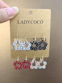 LADYCOCO 4 Pairs Fashionable Cute Polka Dot Floral Pendant Earrings Set, Suitable For Women's Daily Wear - Multicolor - View 8