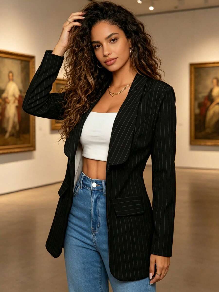Women's Elegant Lapel Striped Casual Jacket - 黑色 - 查看 1