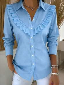 Autumn Back To School Solid Color Outdoor Shirt Collar Long Sleeve Casual Loose Ruffle Hem Top - Blue - View 1