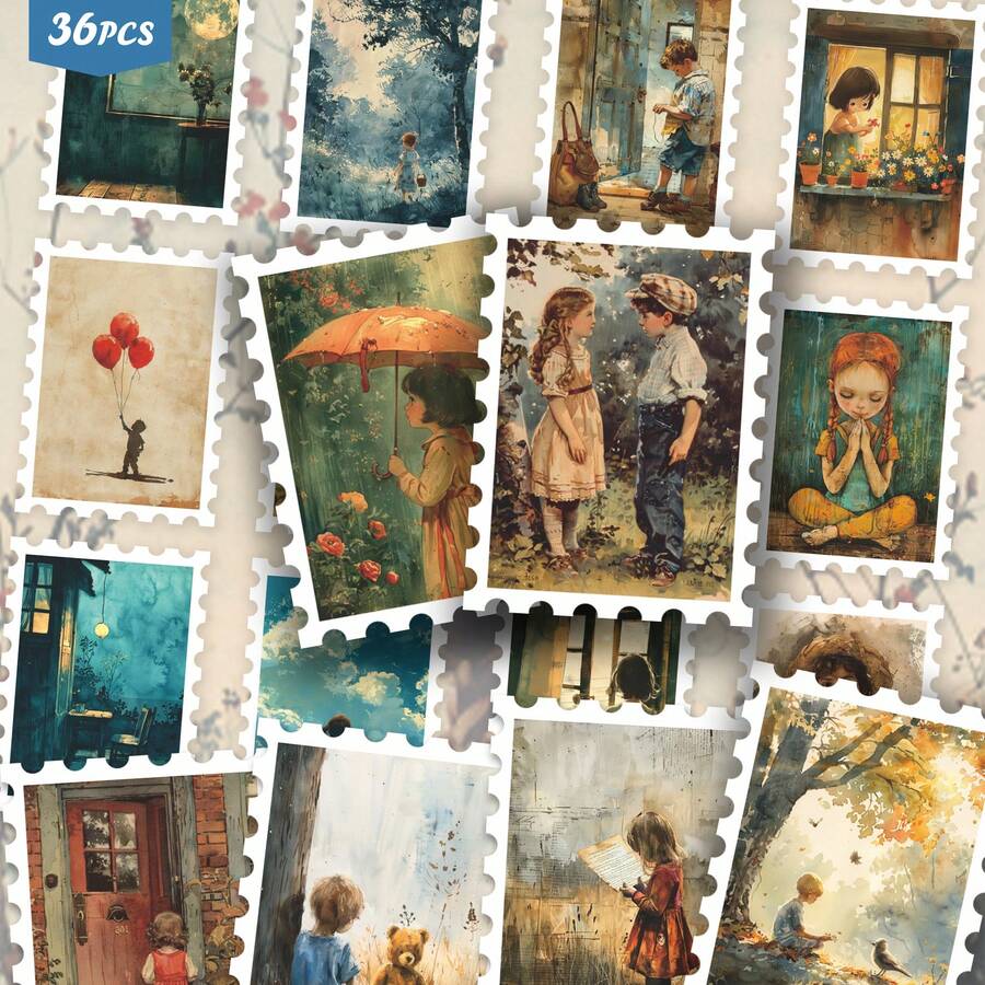 36 Buah Stiker Vintage Nostalgia Masa Kecil, Set Stiker Potongan Estetika Retro Unik dan Masa Kecil untuk Jurnal, Scrapbook, Perencana & Kolase - perangko - View 1