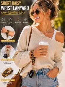 1pc Leopard & Daisy Print Lanyard, Leather Neck Strap, ID Badge Holder, Key/Phone/Card Keychain Lanyard - Multicolor - View 3