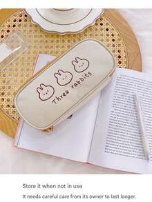 1pc Cute Cartoon Bear Rabbit Canvas Pencil Case, Minimalist Line Animal Print Pen Bag, Large Capacity Zipper Stationery Storage Pouch, Kawaii Simple Design, Portable Student Pencil Holder For School, Office & Back To School Gift - Flip-top Pencil Case - View 5