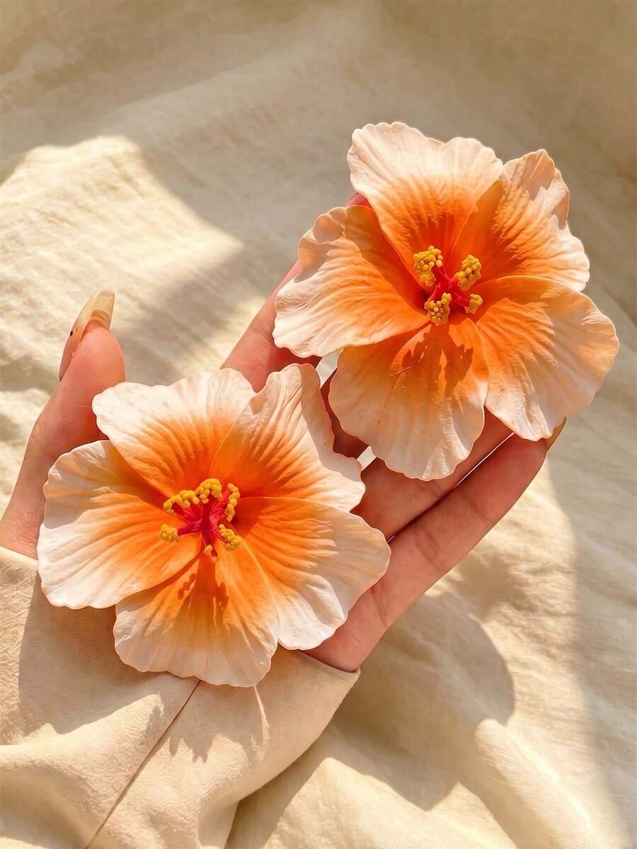 2件裝橘色扶桑花髮夾，夏威夷熱帶 Luau 海灘派對配件，女款髮箍，Y2K 風格熱帶髮飾