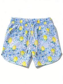 Men's Bold Sicilian Lemon Ceramic Print Swim Trunks, Italian Style Quick-Dry Drawstring Cuffed Casual Beach Shorts, Suitable For Summer Vacation And Pool - Yellow - View 5