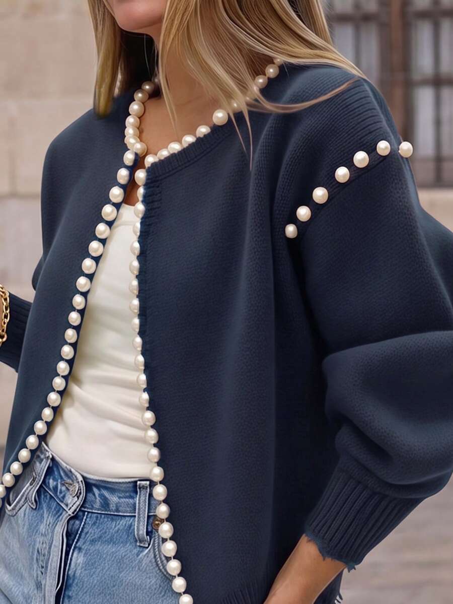 Cardigan de punto de unicolor con estampado, decoración de perlas, cuello redondo, mangas abullonadas tipo farol y bajo con volantes, adecuado para citas, desplazamientos diarios, vacaciones de primavera y reuniones - Azul Marino - Ver 1