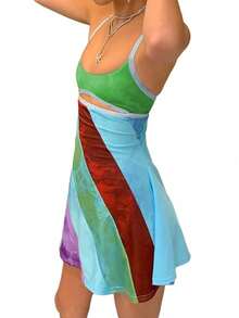 Rainbow Tie-Dye Bodycon Mini Dress for Women Composite Fabric with Medium Stretch, Cut-Out Detail Camisole Cosplay Dress. - Verde - Ver 4