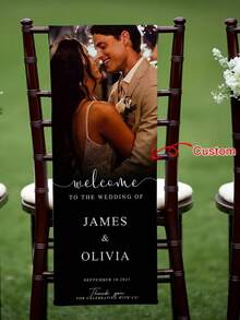 1pc Customized Wedding Chair Decor Banner - Personalized Photo/Text - Made Of Durable Polyester Fabric, Exquisite Design, Easy To Install, Elegant Customized Wedding Chair Decoration, Suitable For Lawn, Garden, Living Room, Birthday Party - Multicolor - View 2