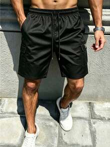 [High Street] Minimalist Multi-Pocket Solid Color Functional Cargo Shorts, Straight Leg Casual Shorts With Adjustable Drawstring Waist Sports - Black - View 4