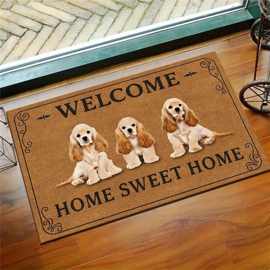 1 Peça Tapete de Porta Marrom com Estampa de 3 Cocker Spaniel BEM-VINDO LAR DOCE LAR, Tapete Retangular de Flanela Macia com Borda Preta, Design Aconchegante de Casa para Animais de Estimação, Costas Antiderrapantes, Remove Poeira, Lavável em Máquina, Tapete de Entrada Adequado para Família com Animais de Estimação em Todas as Estações - Multicolorido - Visão 1