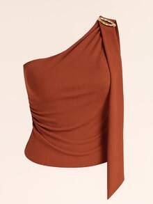 Women's Asymmetrical One-Shoulder Blouse With Padded Cups In Plain Ribbed Fabric - Casual, Basic, And Elegant - 亮橙色 - 查看 2