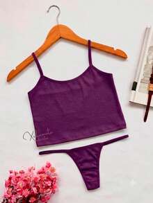 Lingerie Set: Thong Without Padding, Ribbed Suede Fabric, Comfortable, Butt-Lifting, Women's Fashion - 紫色 - 查看 2