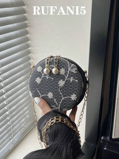 Fashionable Mini Mesh Round Pearl Shoulder Bag, Exquisite Versatile Embroidered Floral Gold Chain Crossbody Bag For Women, Suitable For Shopping, Wallet, Young Women, College Students, Newcomers, White-Collar Workers. They Are Perfect For Office, University, Work, Business, Commute, Outdoor Activities, Travel And Outings