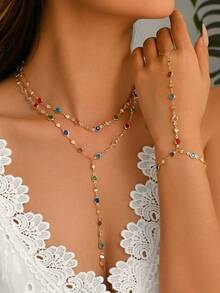 3pcs/Set Luxury Elegant Colorful Rhinestone Finger Chain & Necklace Set, Vintage Women's Neck & Hand Jewelry, Suitable For Daily Wear, Dating And Party, Chain Length Cut By Sections, Random Color Arrangement Of Rhinestones - Multicolor - View 1