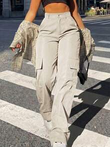 Women's Solid Color Straight Loose Casual Cargo Pants Spring - Apricot - View 2