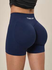 TimeOff Women's 1pc Solid Color High Waist Ribbed Waistband Ruched Butt Athletic Shorts - Navy Blue - View 8