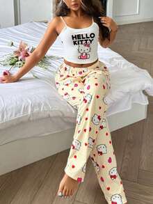 2件組 Hello Kitty 印花女款細肩帶短版背心 + 直筒彈性腰長褲居家休閒套裝 - 黃色 - 查看 6